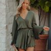 Rompers + Jumpsuits * | Dres-001 Liya Bell Sleeve Romper Dark Olive Final Sale