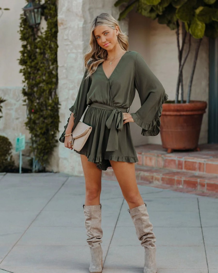 Rompers + Jumpsuits * | Dres-001 Liya Bell Sleeve Romper Dark Olive Final Sale