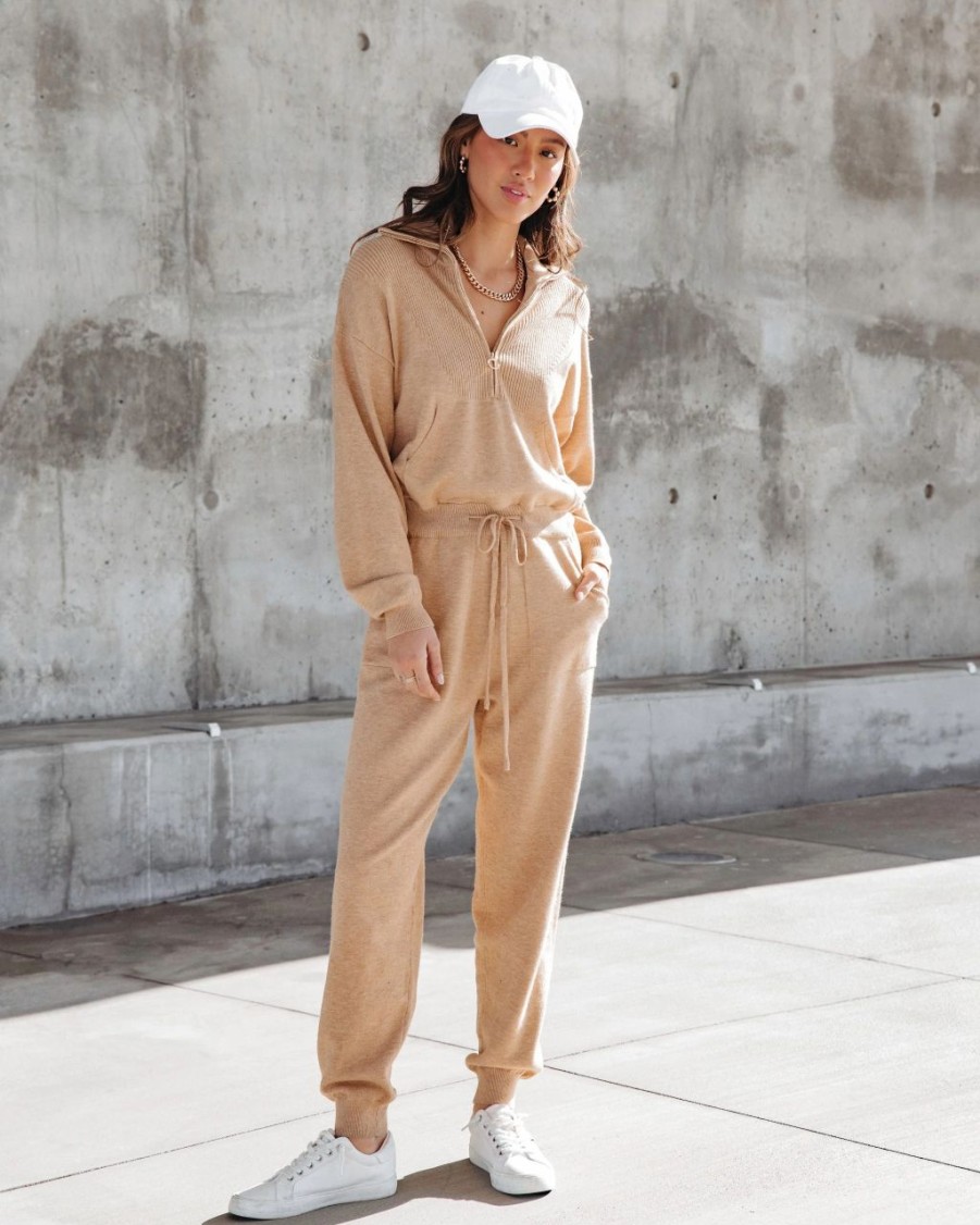 Rompers + Jumpsuits * | Stru-001 Ryker Pocketed Half Zip Knit Jumpsuit Oatmeal Final Sale