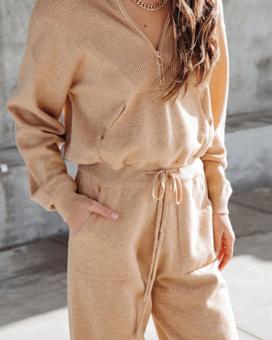 Rompers + Jumpsuits * | Stru-001 Ryker Pocketed Half Zip Knit Jumpsuit Oatmeal Final Sale