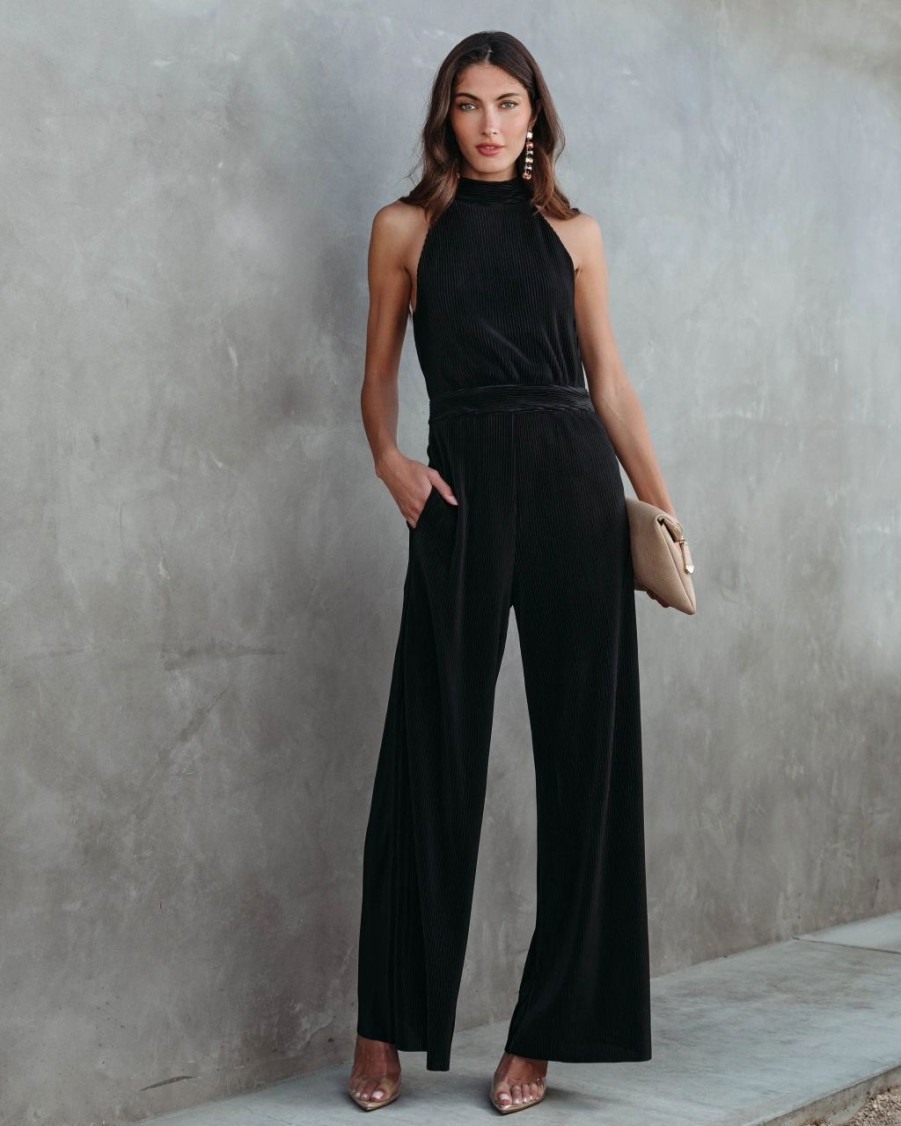 Rompers + Jumpsuits * | Fate-001 Naya Pocketed Plisse Jumpsuit Black Final Sale