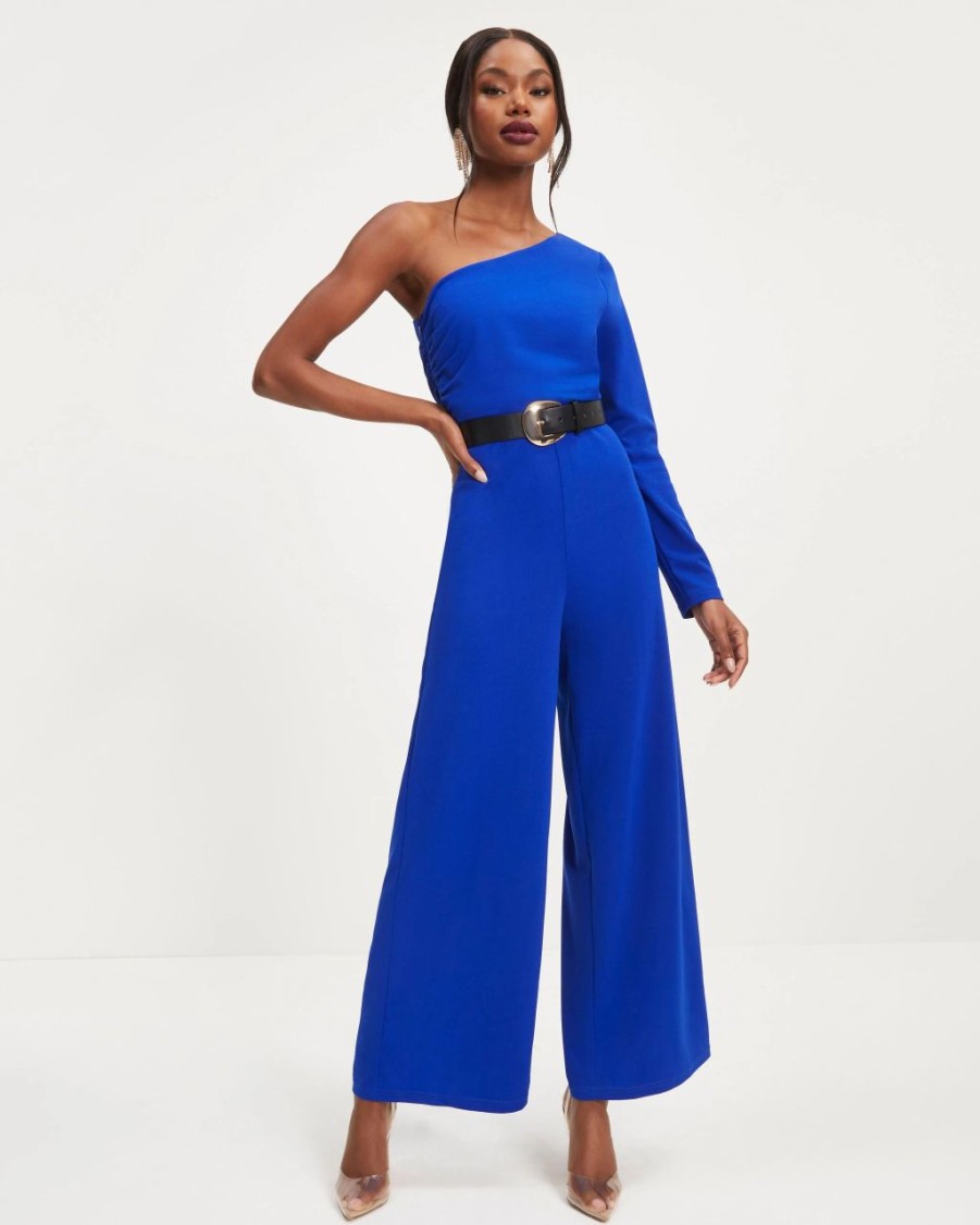 Rompers + Jumpsuits * | She -001 Elodie One Shoulder Drape Jumpsuit Cobalt Final Sale