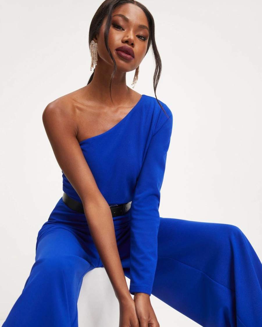 Rompers + Jumpsuits * | She -001 Elodie One Shoulder Drape Jumpsuit Cobalt Final Sale