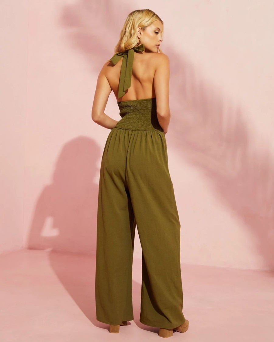 Rompers + Jumpsuits * | Lumi-001 Dovie Smocked Halter Jumpsuit Olive