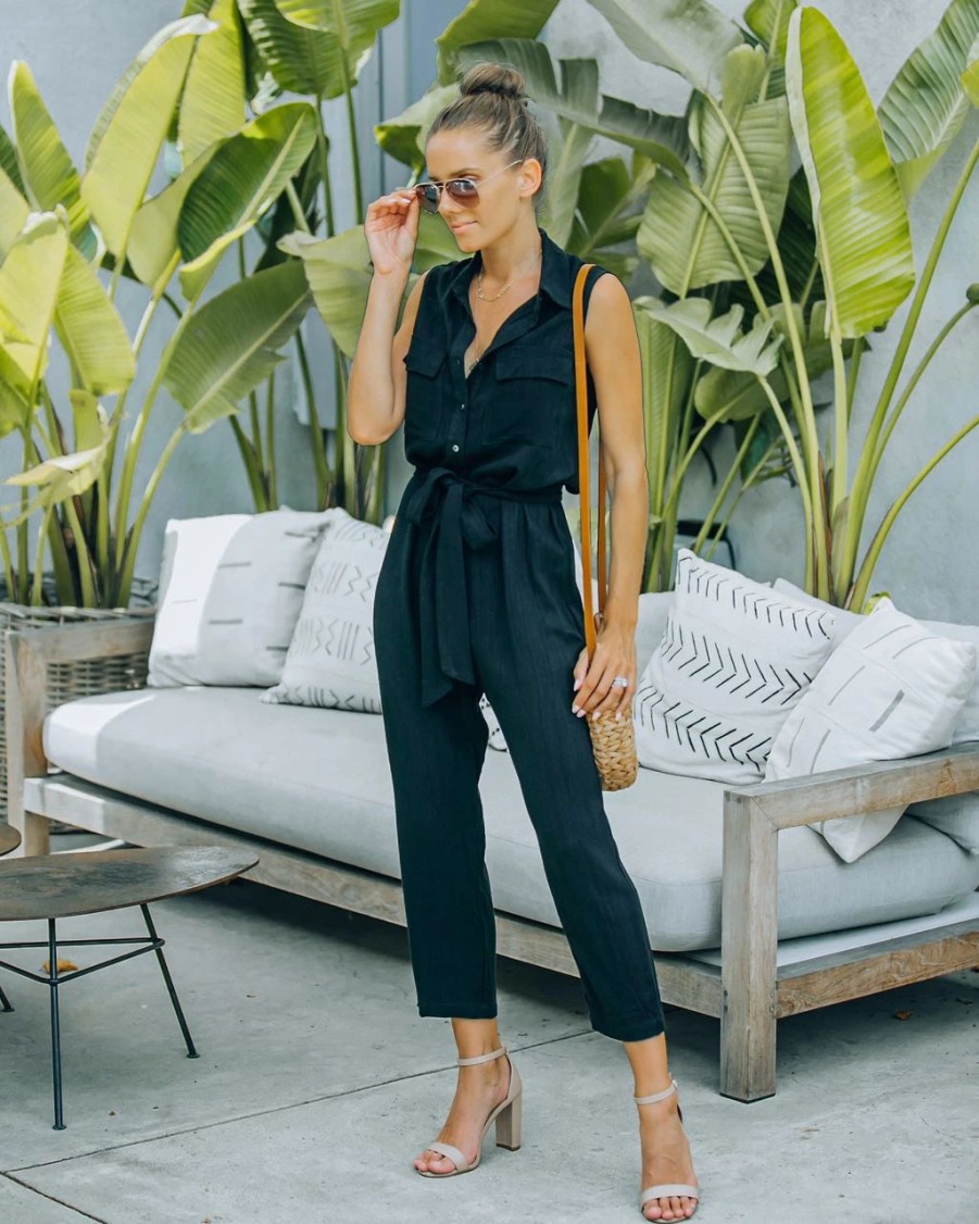 Rompers + Jumpsuits * | Miou-001 Brixton Linen Blend Button Down Jumpsuit Final Sale