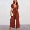 Rompers + Jumpsuits * | Hyfv-001 Portofino Breeze Cotton Puff Sleeve Cutout Jumpsuit Chocolate