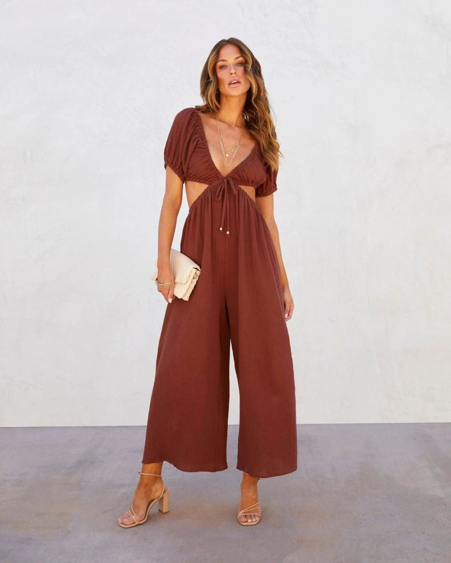 Rompers + Jumpsuits * | Hyfv-001 Portofino Breeze Cotton Puff Sleeve Cutout Jumpsuit Chocolate