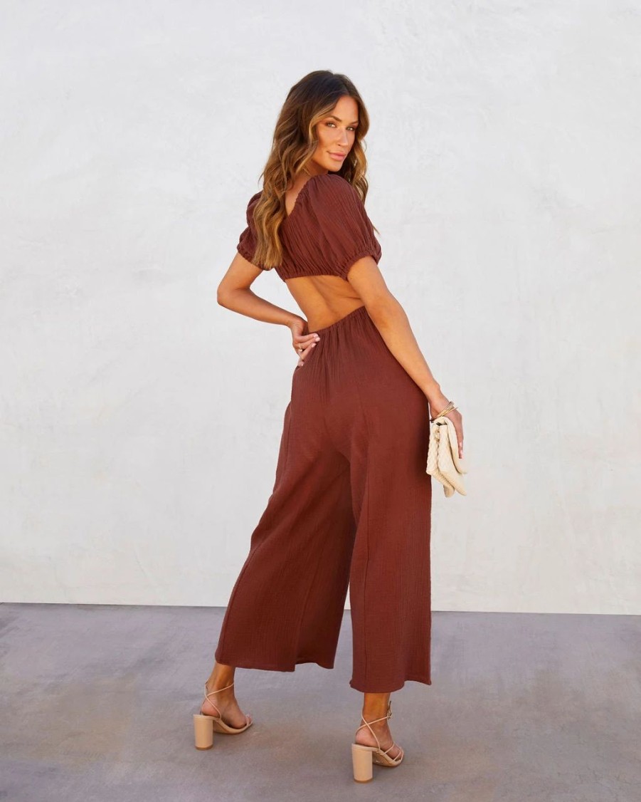 Rompers + Jumpsuits * | Hyfv-001 Portofino Breeze Cotton Puff Sleeve Cutout Jumpsuit Chocolate