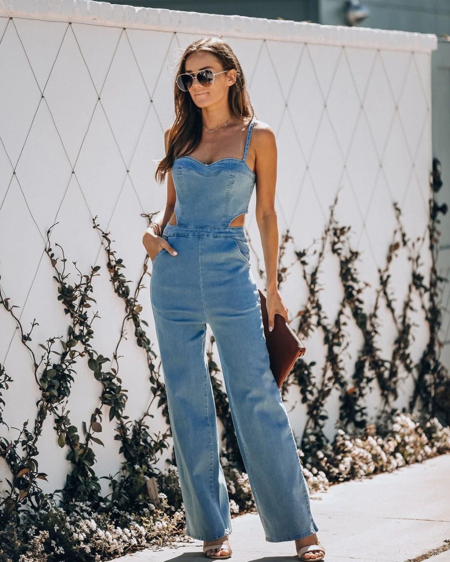 Rompers + Jumpsuits * | Blue-001 Vitamin Sea Pocketed Denim Cutout Jumpsuit Denim Final Sale