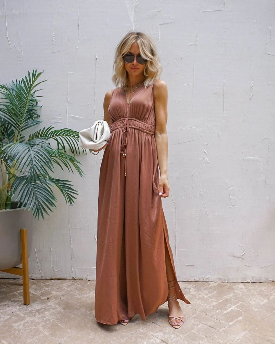 Rompers + Jumpsuits * | Must-001 Vickilyn Slit Jumpsuit Cinnamon Final Sale