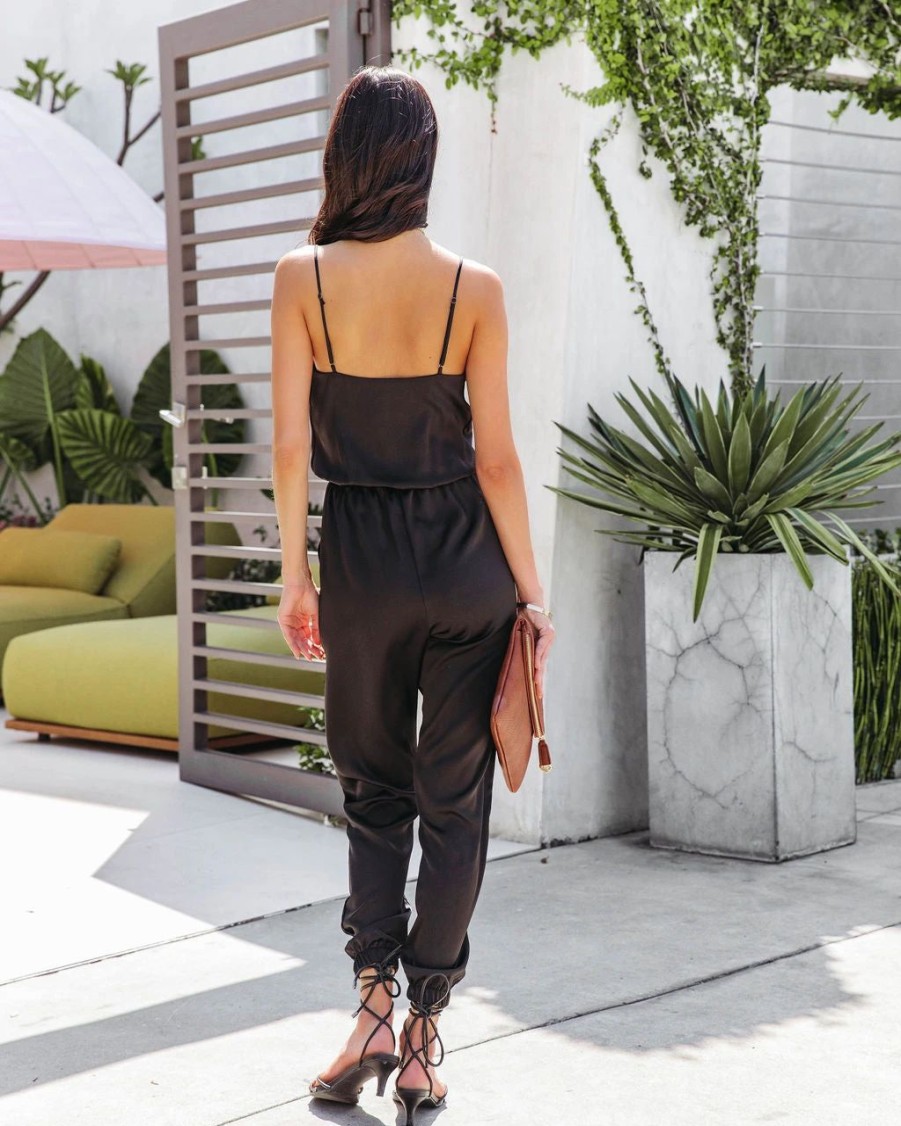 Rompers + Jumpsuits * | Tych-001 Winsley Pocketed Satin Cowl Neck Jumpsuit Black Final Sale