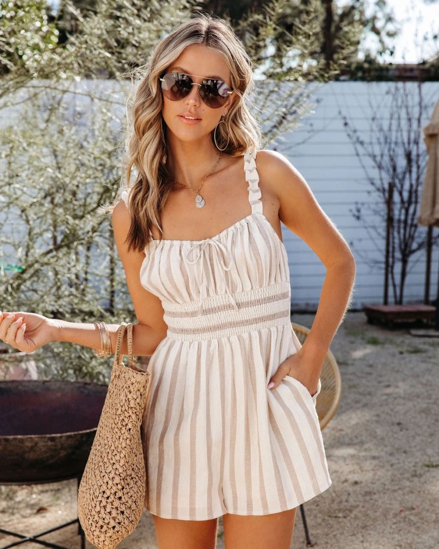 Rompers + Jumpsuits * | Lush-001 Sandy Treasures Striped Pocketed Romper Cream/Taupe