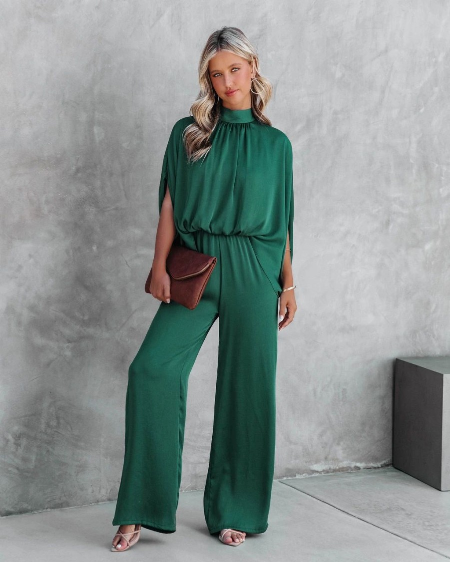 Rompers + Jumpsuits * | Tych-001 Fiorella Satin Wide Leg Jumpsuit Hunter Green Final Sale