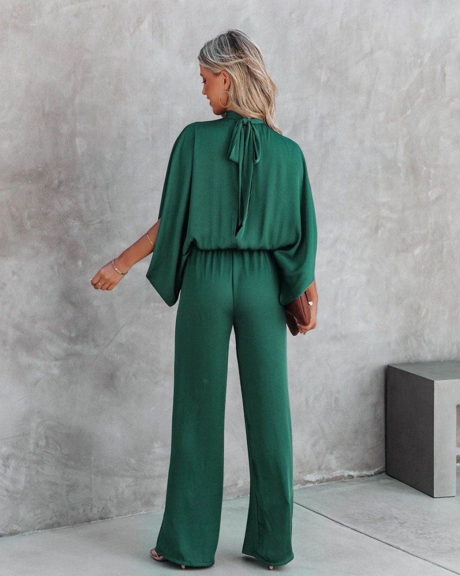 Rompers + Jumpsuits * | Tych-001 Fiorella Satin Wide Leg Jumpsuit Hunter Green Final Sale