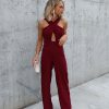 Rompers + Jumpsuits * | Dee-001 That'S Amore Lace Trim Cutout Jumpsuit Burgundy Final Sale