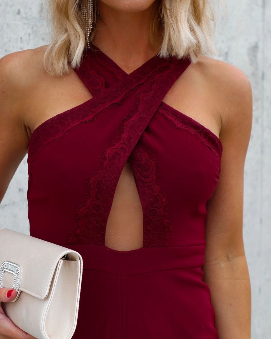 Rompers + Jumpsuits * | Dee-001 That'S Amore Lace Trim Cutout Jumpsuit Burgundy Final Sale