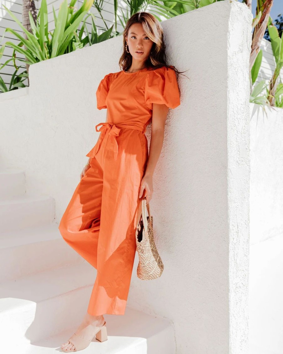 Rompers + Jumpsuits * | Suga-001 Briella Cotton Pocketed Puff Sleeve Jumpsuit Orange Sale