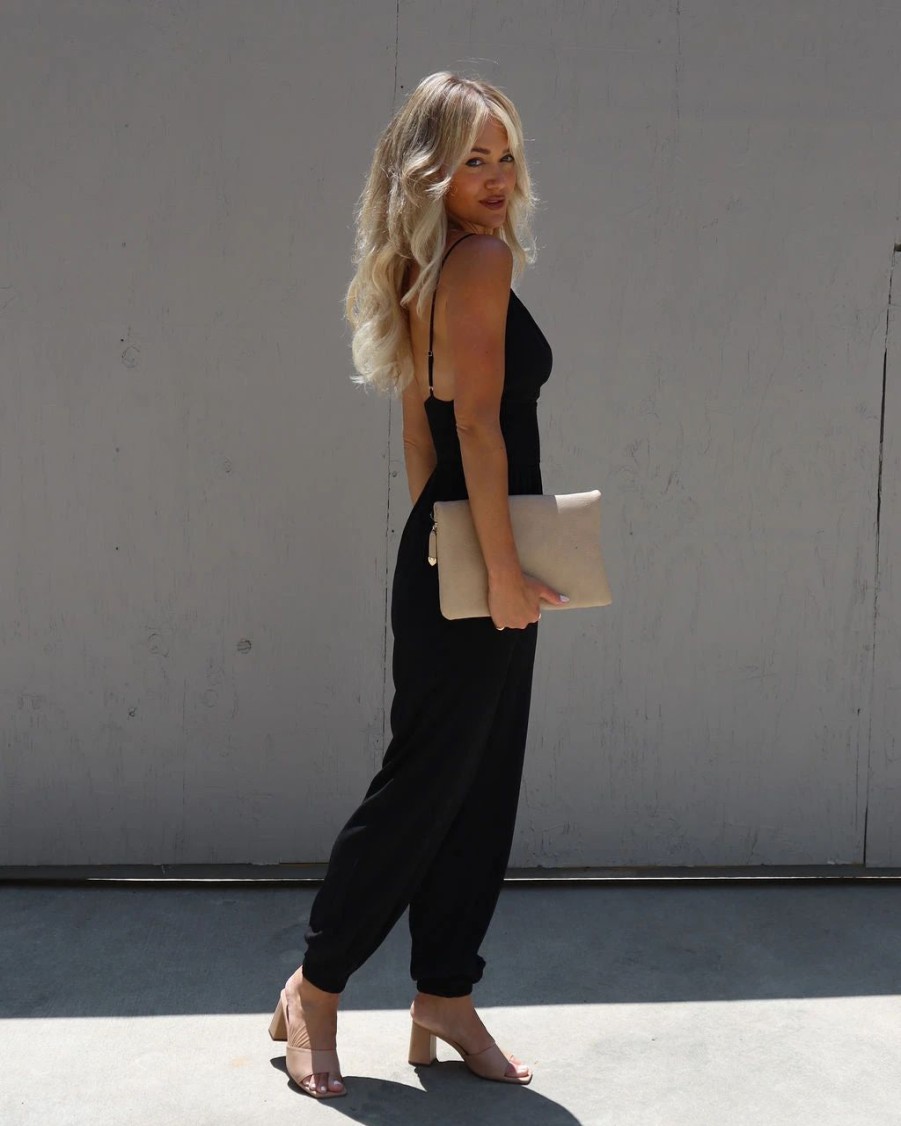 Rompers + Jumpsuits * | Acoa-001 Stay Grounded Smocked Jumpsuit Black