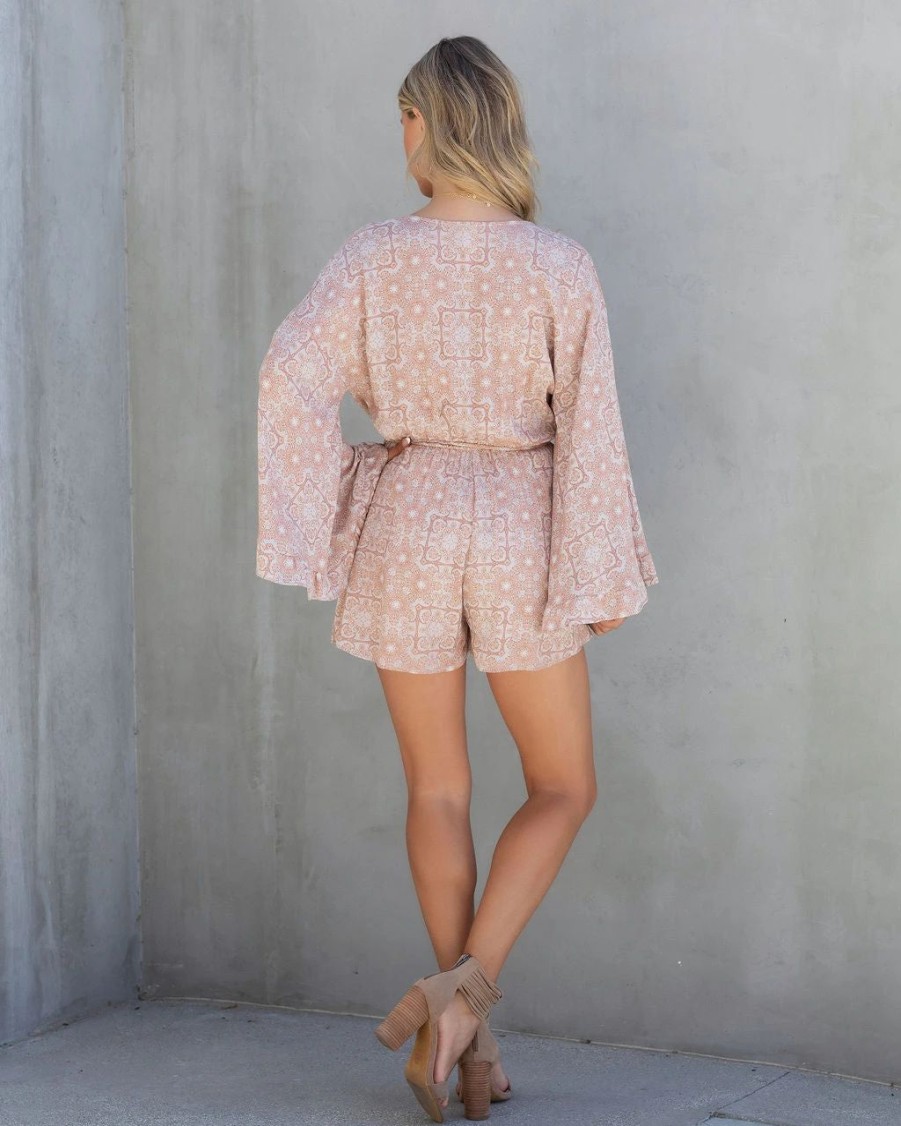 Rompers + Jumpsuits * | Pape-001 Bohemian Summer Printed Bell Sleeve Romper Taupe Final Sale