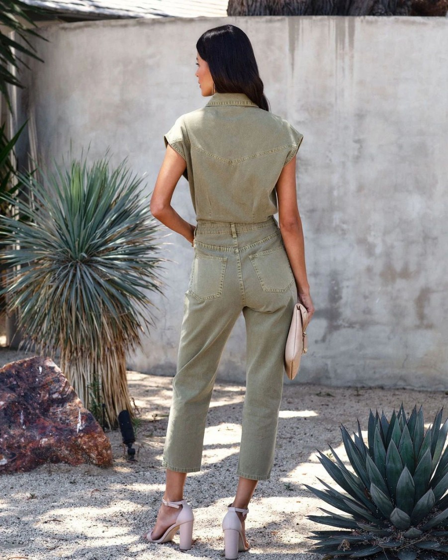 Rompers + Jumpsuits * | Miou-001 Domingo Cotton Utility Jumpsuit Olive Last Chance