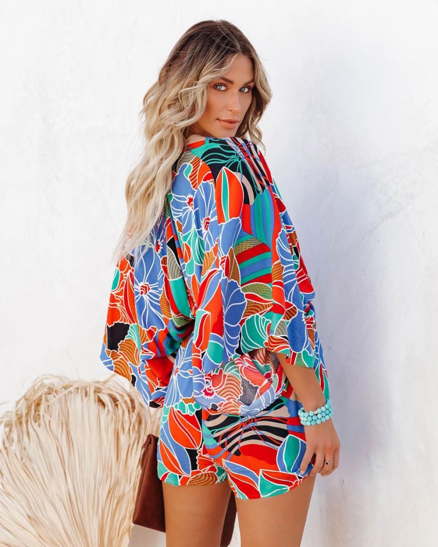 Rompers + Jumpsuits * | Aaka-001 Wowza Printed Kimono Romper Final Sale