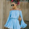 Rompers + Jumpsuits * | Endl-001 Smile Wide Pleated Off The Shoulder Romper Powder Blue Final Sale