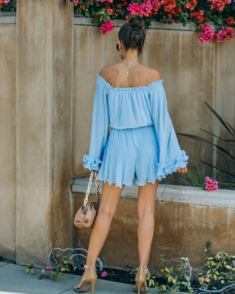 Rompers + Jumpsuits * | Endl-001 Smile Wide Pleated Off The Shoulder Romper Powder Blue Final Sale