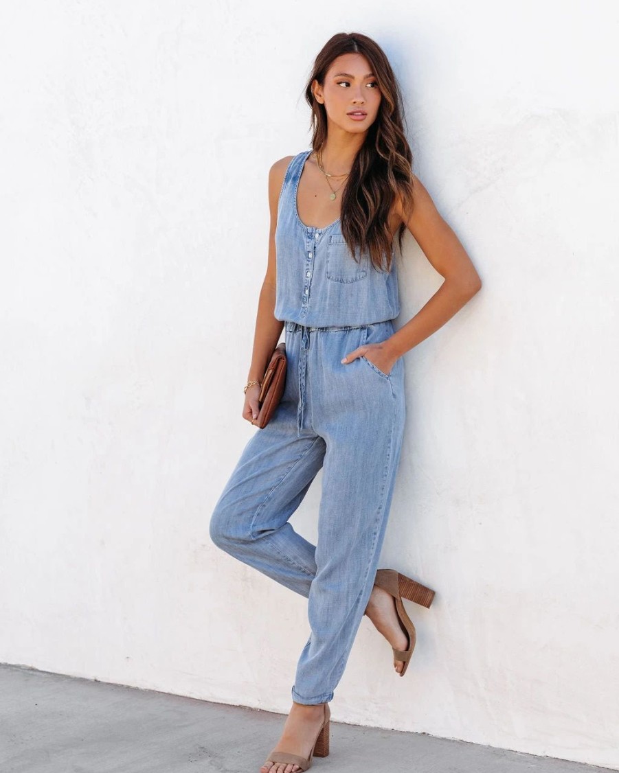 Rompers + Jumpsuits * | Thre-001 Courtney Tencel Pocketed Jumpsuit Medium Wash Sale