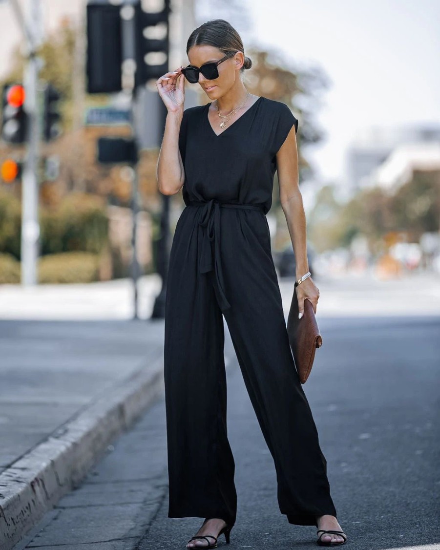 Rompers + Jumpsuits * | Nake-001 Look At Me Now Satin Pocketed Wide Leg Jumpsuit Black Final Sale