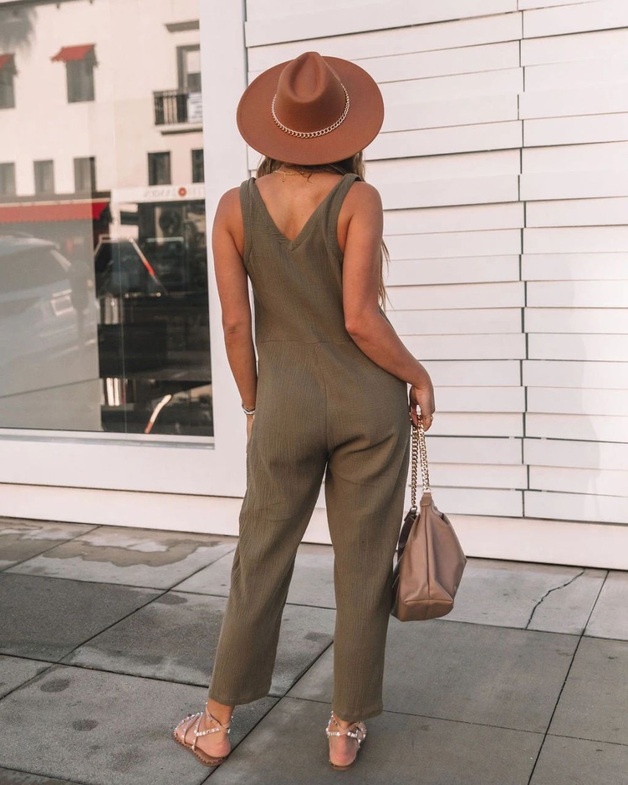 Rompers + Jumpsuits * | Wish-001 Westlynn Cotton Pocketed Jumpsuit Olive Final Sale