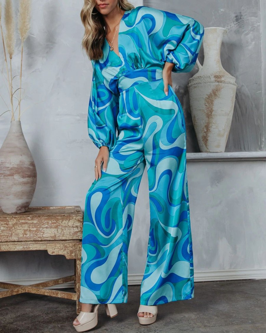 Rompers + Jumpsuits * | Aaka-001 Emilio Satin Printed Wide Leg Jumpsuit Final Sale