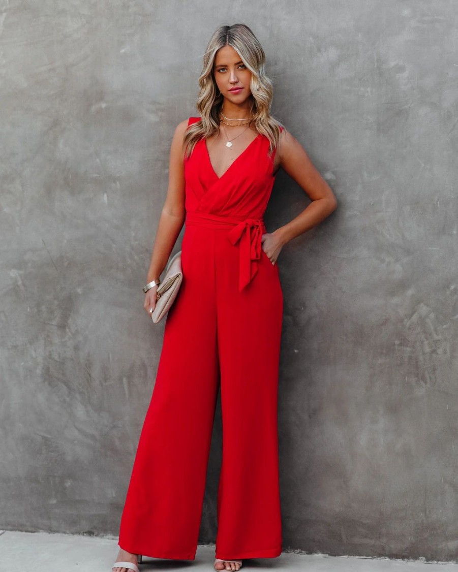 Rompers + Jumpsuits * | Suga-001 The Essential Pocketed Tie Jumpsuit Red Last Chance