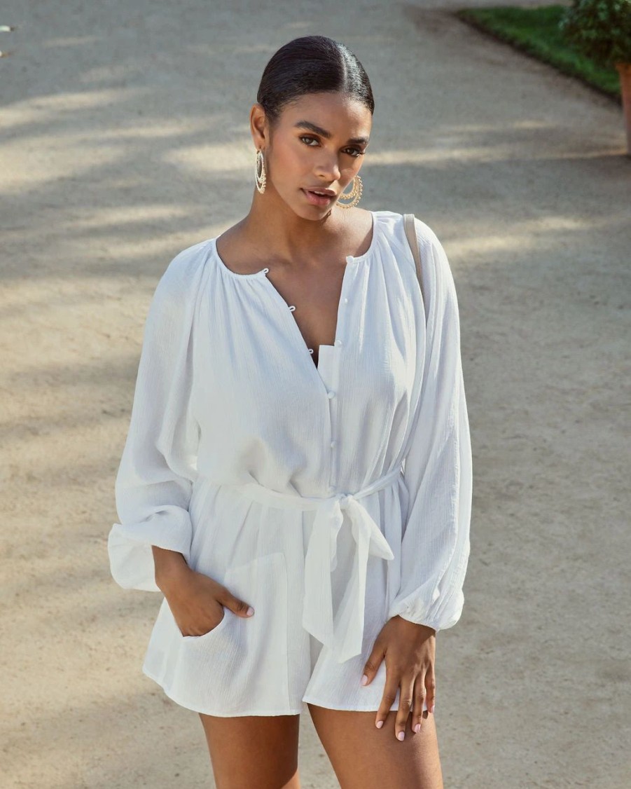 Rompers + Jumpsuits * | Acoa-001 Hamptons Pocketed Romper White Sale