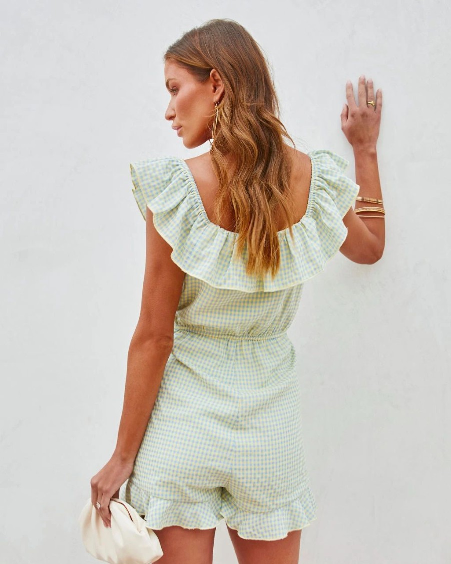 Rompers + Jumpsuits * | Dee-001 Spring Sprinkle Gingham Ruffle Waist Tie Romper Yellow/Teal