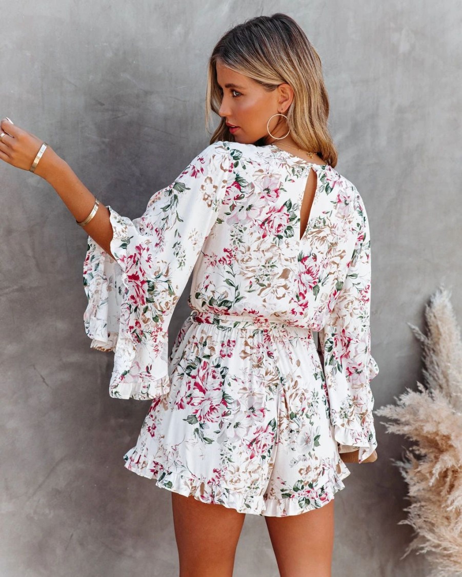 Rompers + Jumpsuits * | Dres-001 Cristina Floral Bell Sleeve Romper Final Sale