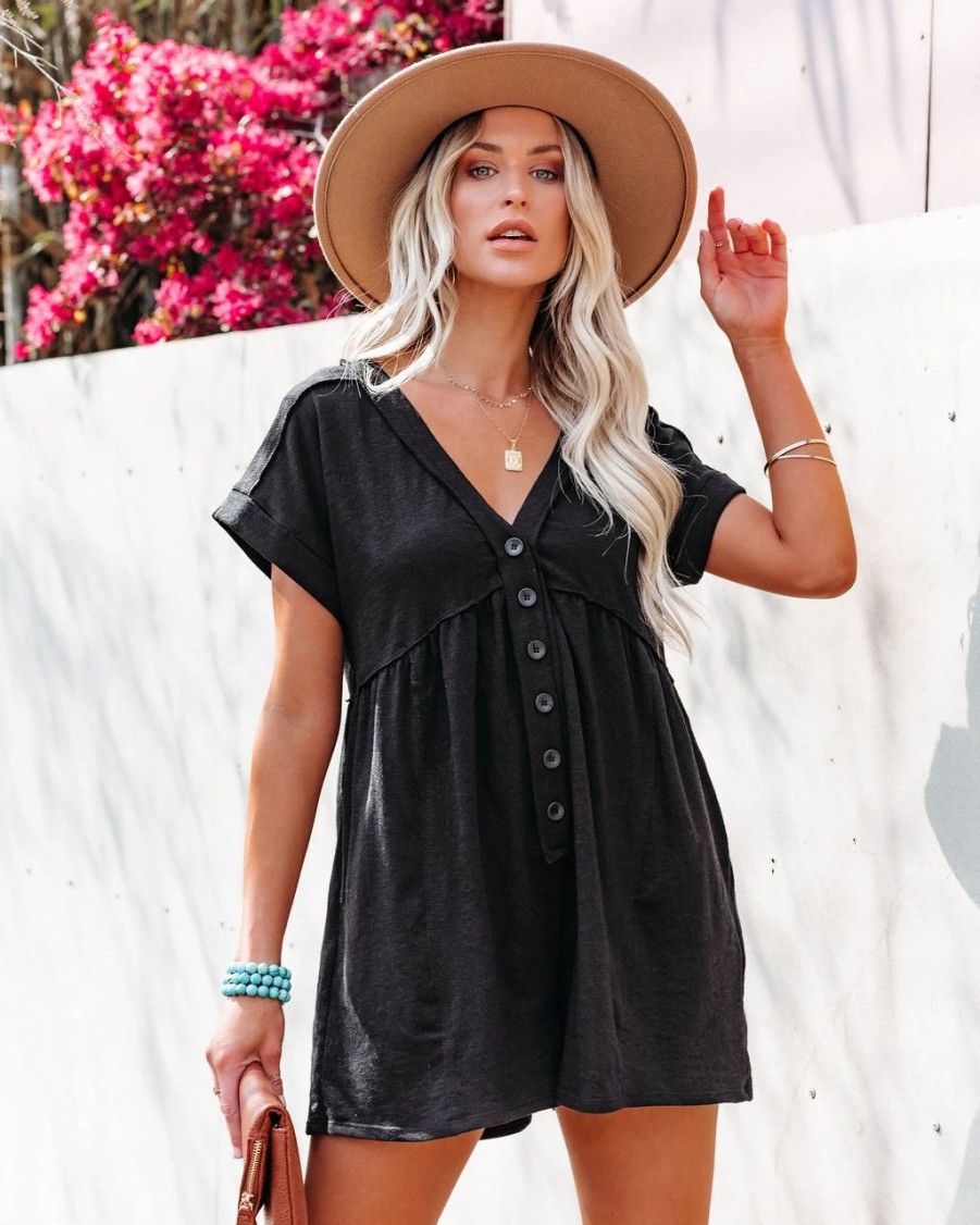 Rompers + Jumpsuits * | Miou-001 Vincent Cotton Blend Pocketed Button Down Romper Black