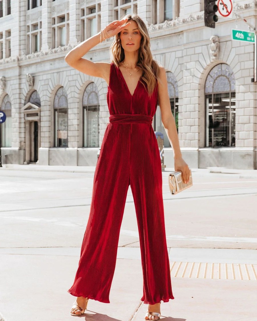 Rompers + Jumpsuits * | Dee-001 Midnight Love Plisse Jumpsuit Wine Final Sale