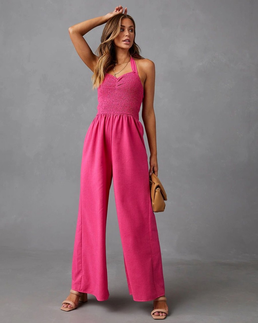 Rompers + Jumpsuits * | Lumi-001 Dovie Smocked Halter Jumpsuit Pink