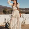 Rompers + Jumpsuits * | Wish-001 Peony Long Sleeve Lace Maxi Romper Natural Final Sale