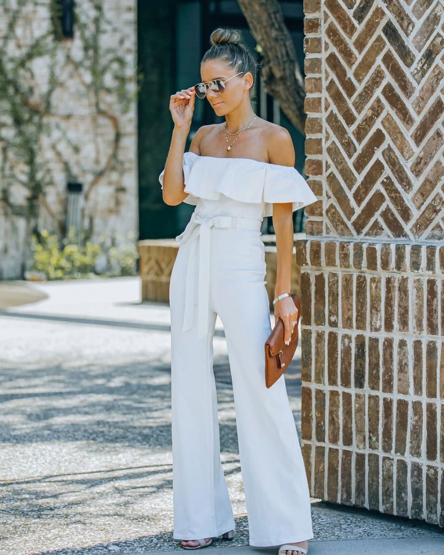 Rompers + Jumpsuits * | Salt-001 Wilinda Off The Shoulder Denim Jumpsuit Off White Final Sale