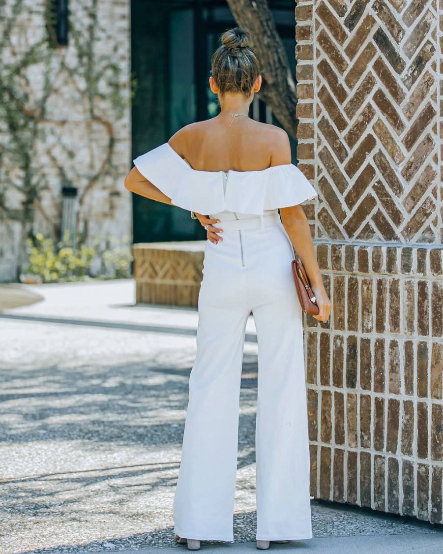 Rompers + Jumpsuits * | Salt-001 Wilinda Off The Shoulder Denim Jumpsuit Off White Final Sale