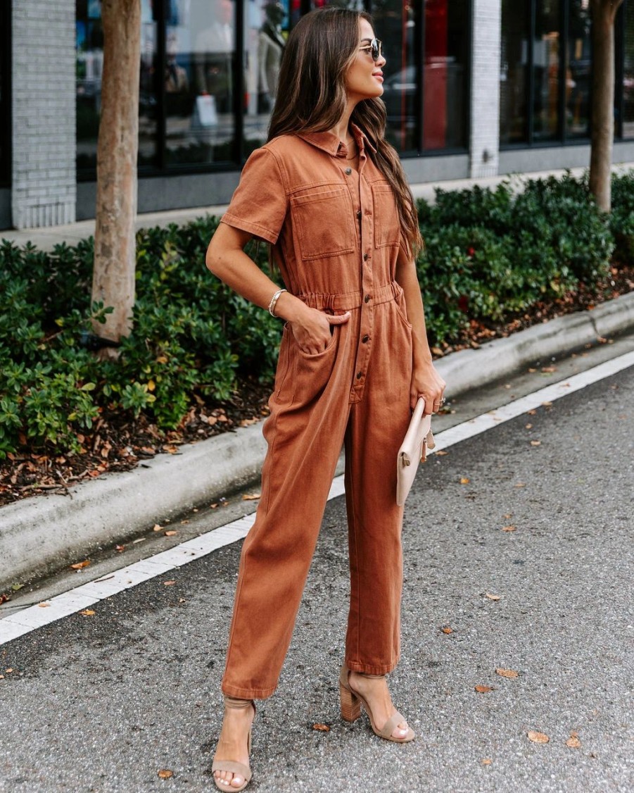 Rompers + Jumpsuits * | Tea-002 Halsey Cotton Pocketed Jumpsuit Terracotta Final Sale