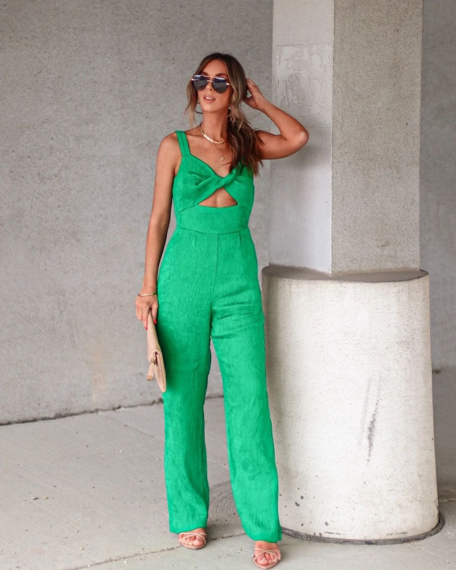 Rompers + Jumpsuits * | Endl-001 Lacey Plisse Cutout Pocketed Jumpsuit Green