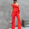 Rompers + Jumpsuits * | Salt-001 Cameran Cotton One Shoulder Flare Jumpsuit Red Sale