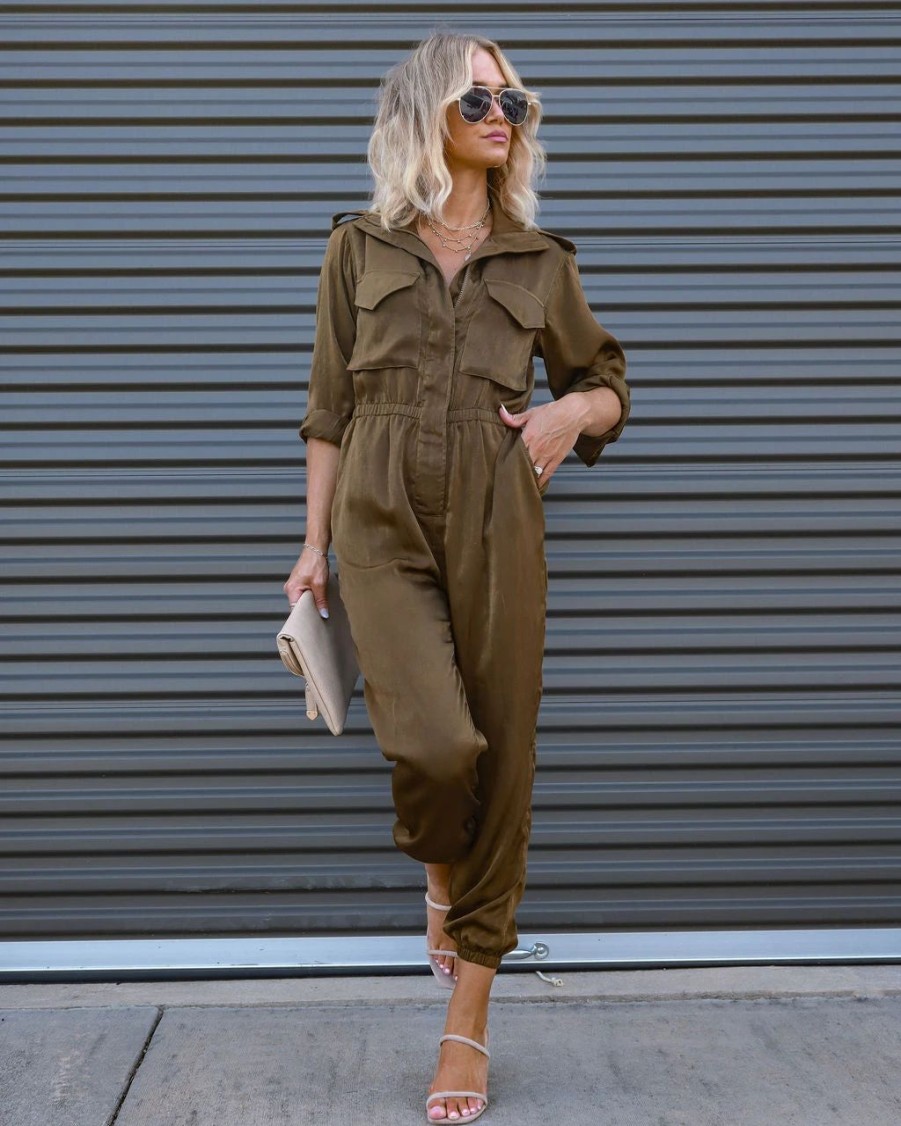 Rompers + Jumpsuits * | Acoa-001 Impressive Moment Pocketed Utility Jumpsuit Olive Final Sale