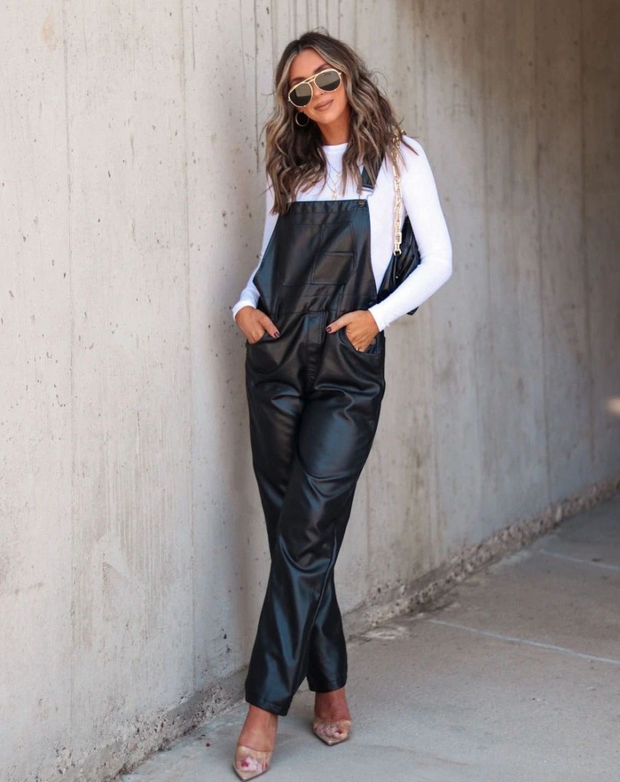 Rompers + Jumpsuits * | Fate-001 Charlie Pocketed Faux Leather Overalls Black Final Sale