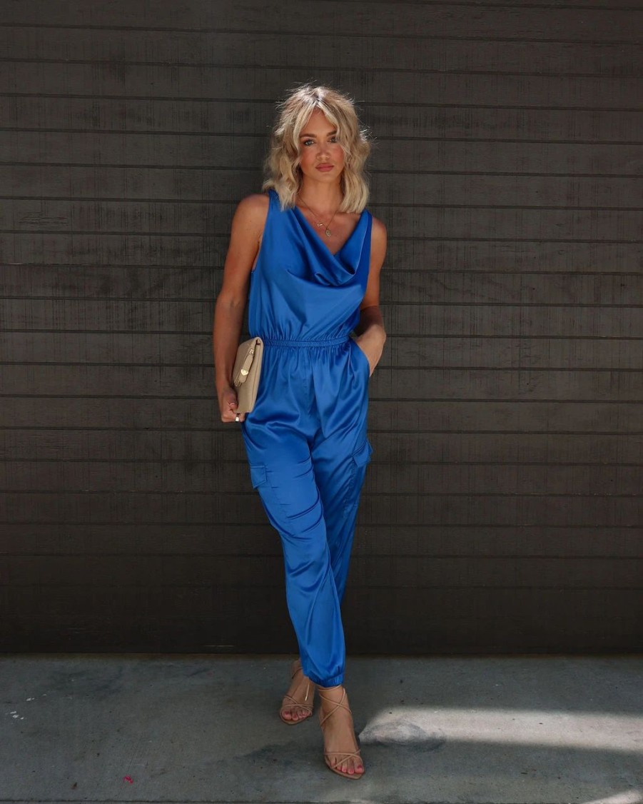 Rompers + Jumpsuits * | Do+B-001 Maryanne Satin Cowl Neck Cargo Jumpsuit Cobalt