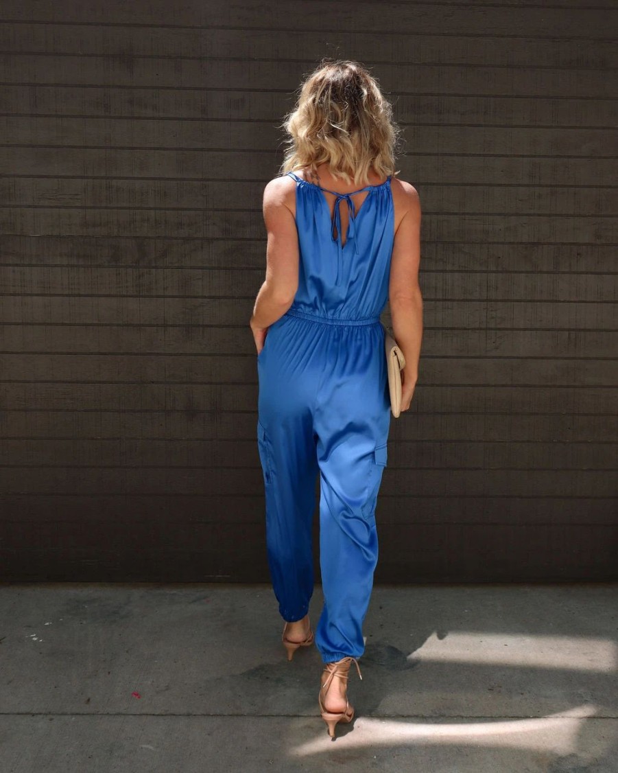 Rompers + Jumpsuits * | Do+B-001 Maryanne Satin Cowl Neck Cargo Jumpsuit Cobalt