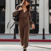 Rompers + Jumpsuits * | Oliv-001 Monica Ribbed V-Neck Jumpsuit Olive Final Sale