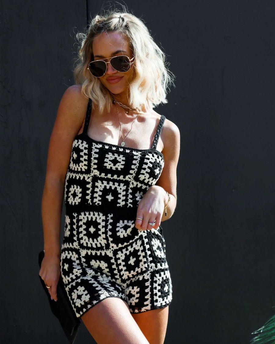 Rompers + Jumpsuits * | Gill-001 Norma Crochet Knit Romper Cream/Black Sale